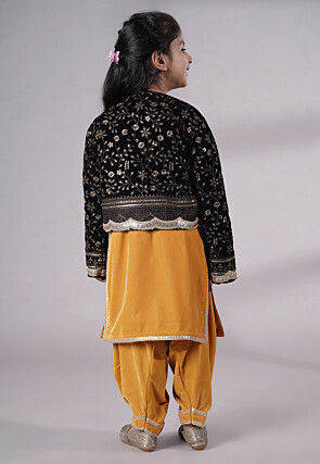 Embroidered Velvet Straight Kurta Set in Mustard
