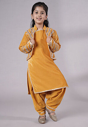 Embroidered Velvet Straight Kurta Set in Mustard