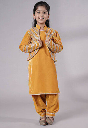 Embroidered Velvet Straight Kurta Set in Mustard