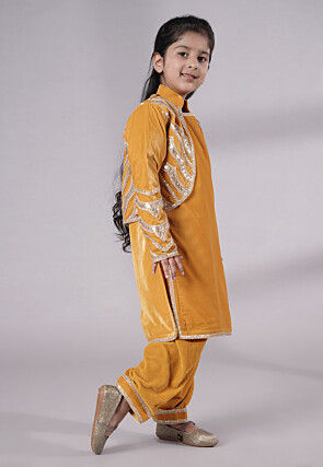 Embroidered Velvet Straight Kurta Set in Mustard