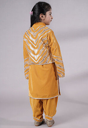 Embroidered Velvet Straight Kurta Set in Mustard