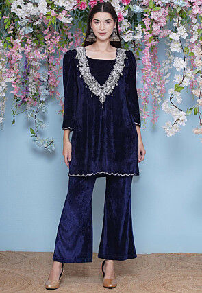 Embroidered Velvet Straight Kurta Set in Navy Blue