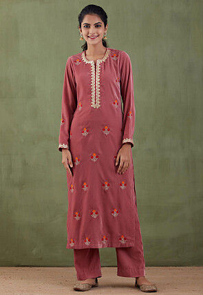 Embroidered Velvet Straight Kurta Set in Old Rose
