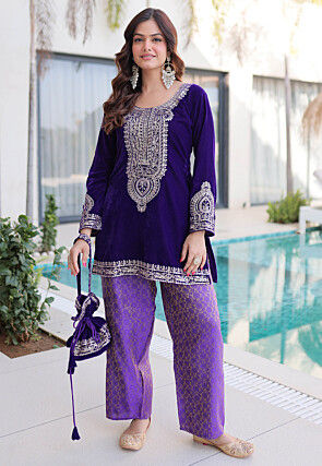 Embroidered Velvet Straight Kurti Set in Purple