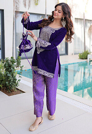 Embroidered Velvet Straight Kurti Set in Purple