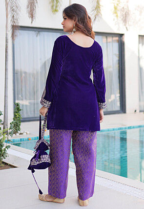 Embroidered Velvet Straight Kurti Set in Purple