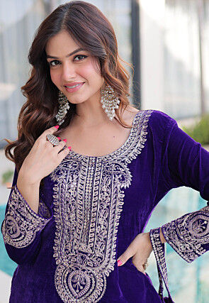 Embroidered Velvet Straight Kurti Set in Purple