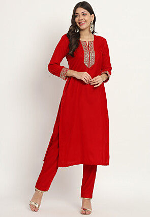 Embroidered Velvet Straight Kurta Set in Red