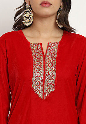 Embroidered Velvet Straight Kurta Set in Red