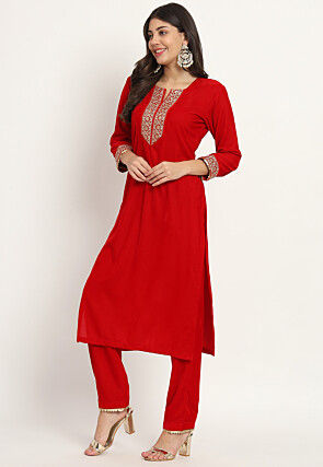 Embroidered Velvet Straight Kurta Set in Red