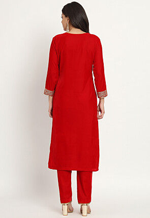Embroidered Velvet Straight Kurta Set in Red