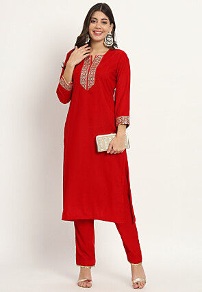 Embroidered Velvet Straight Kurta Set in Red