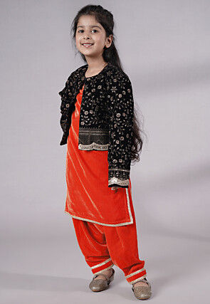 Embroidered Velvet Straight Kurta Set in Red