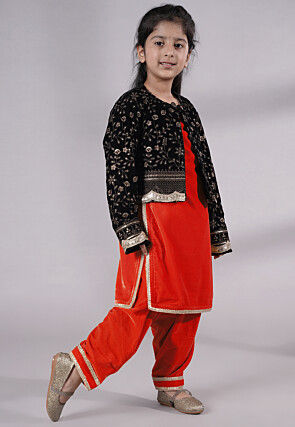 Embroidered Velvet Straight Kurta Set in Red