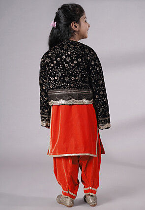 Embroidered Velvet Straight Kurta Set in Red