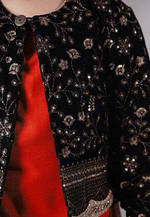 Embroidered Velvet Straight Kurta Set in Red