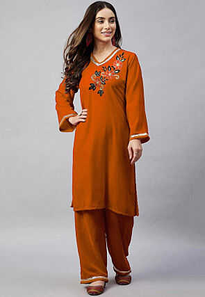 Embroidered Velvet Straight Kurta Set in Rust