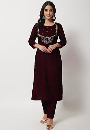 Embroidered Velvet Straight Kurta Set in Wine