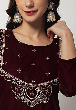 Embroidered Velvet Straight Kurta Set in Wine