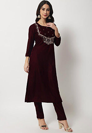 Embroidered Velvet Straight Kurta Set in Wine