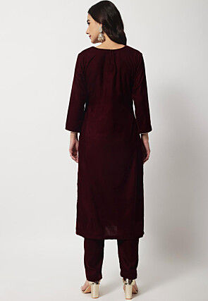 Embroidered Velvet Straight Kurta Set in Wine