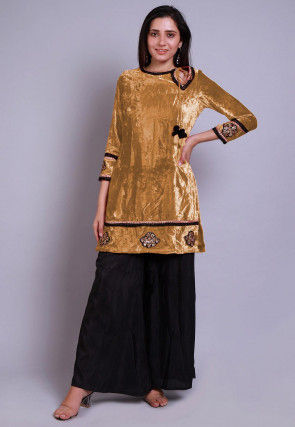 Embroidered  Velvet Straight Kurti in Beige