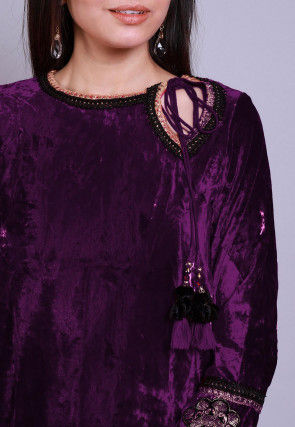 Embroidered  Velvet Straight Kurti in Purple