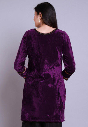 Embroidered  Velvet Straight Kurti in Purple