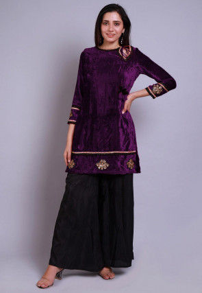 Embroidered  Velvet Straight Kurti in Purple