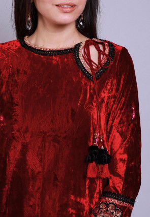 Embroidered  Velvet Straight Kurti in Red