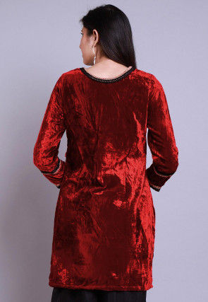 Embroidered  Velvet Straight Kurti in Red