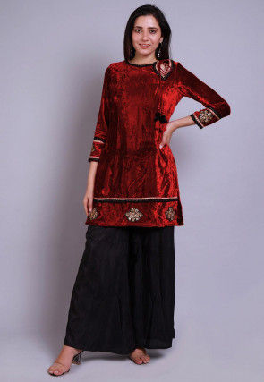 Embroidered  Velvet Straight Kurti in Red