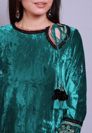 Embroidered  Velvet Straight Kurti in Teal Blue