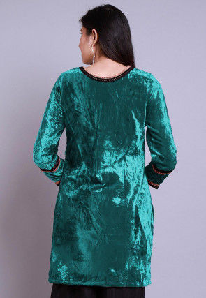 Embroidered  Velvet Straight Kurti in Teal Blue