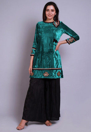 Embroidered  Velvet Straight Kurti in Teal Blue