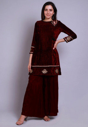 Embroidered Velvet Straight Kurti Set in Maroon