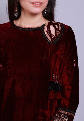Embroidered Velvet Straight Kurti Set in Maroon