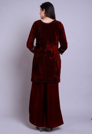 Embroidered Velvet Straight Kurti Set in Maroon