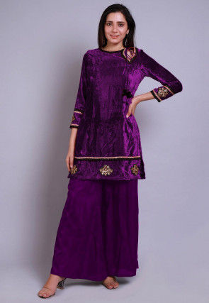 Embroidered Velvet Straight Kurti Set in Purple