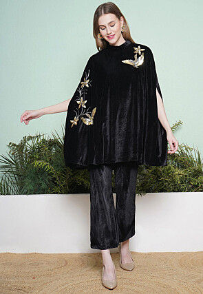 Embroidered Velvet Tunic Set in Black