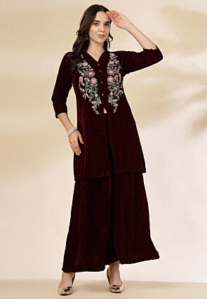 Embroidered Velvet Tunic Set in Maroon