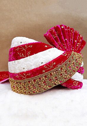 Embroidered Velvet Turban in Fuchsia and White