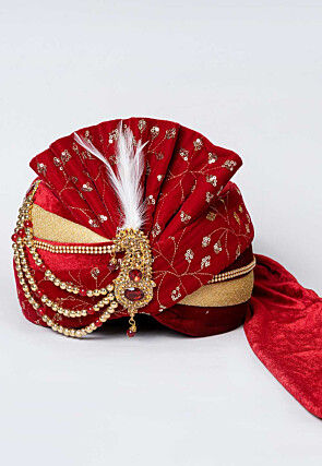 Embroidered Velvet Turban in Maroon and Golden