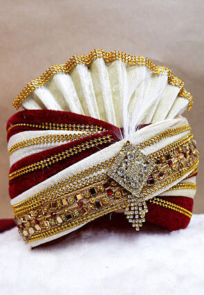 Embroidered Velvet Turban in Maroon and White