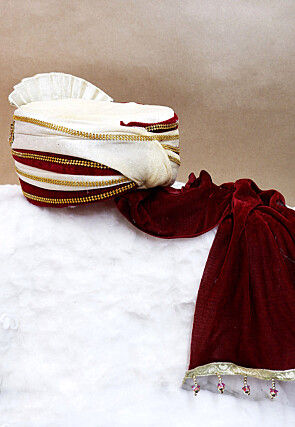 Embroidered Velvet Turban in Maroon and White