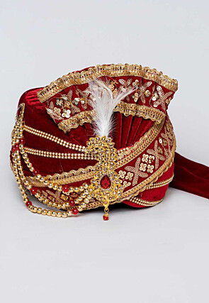 Embroidered Velvet Turban in Maroon