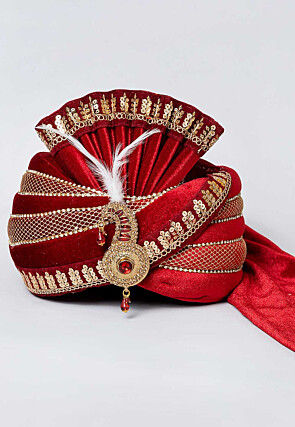 Embroidered Velvet Turban in Maroon