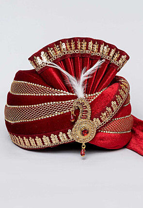 Embroidered Velvet Turban in Maroon