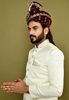 Embroidered Velvet Turban in Maroon