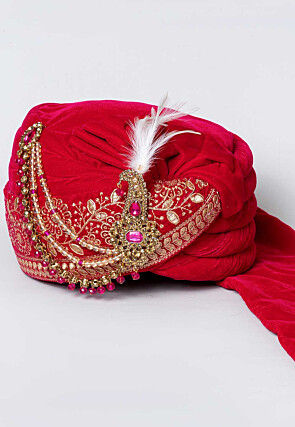 Embroidered Velvet Turban in Red